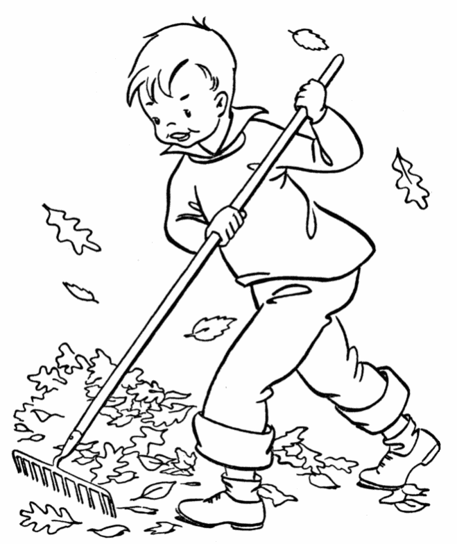 Kolorowanka chłopiec grabiący liście